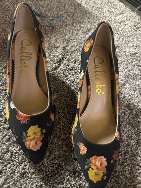Callisto Black Floral Pointed-Toe Pumps with Yellow & Orange Flowers